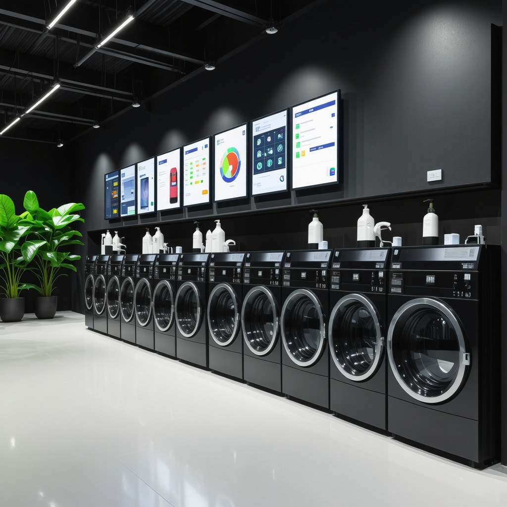 A high-tech dry cleaning shop featuring digital environmental impact dashboards, solar panels, and biodegradable packaging