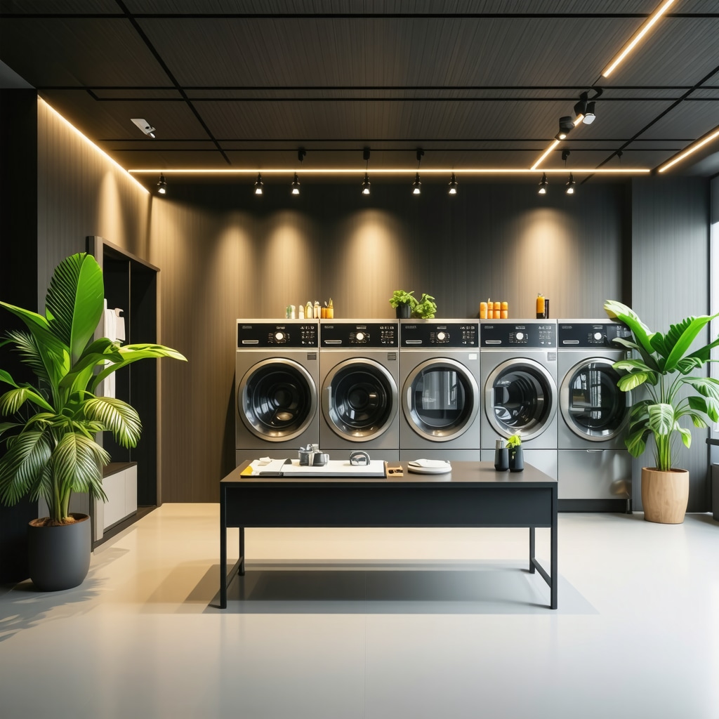 A state-of-the-art eco-friendly dry cleaning shop showcasing ultrasonic cleaning machines and sustainable design elements