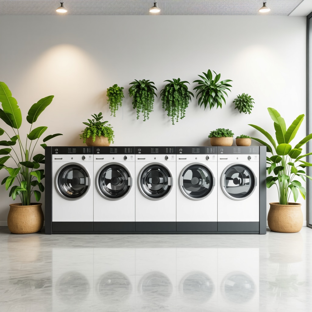 Modern eco-friendly dry cleaning facility with green certifications and plant-based cleaning technologies.