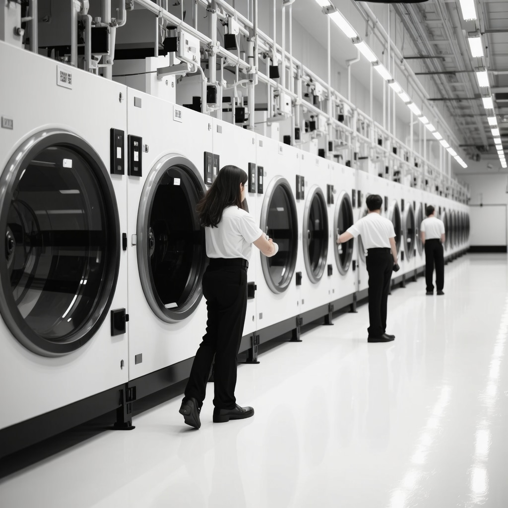 Technicians operating environmentally friendly dry cleaning equipment with biodegradable solvents