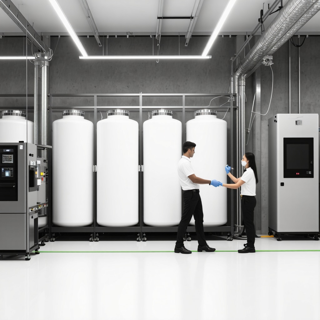 Technicians managing biodegradable solvents in a state-of-the-art dry cleaning facility, highlighting sustainable practices.