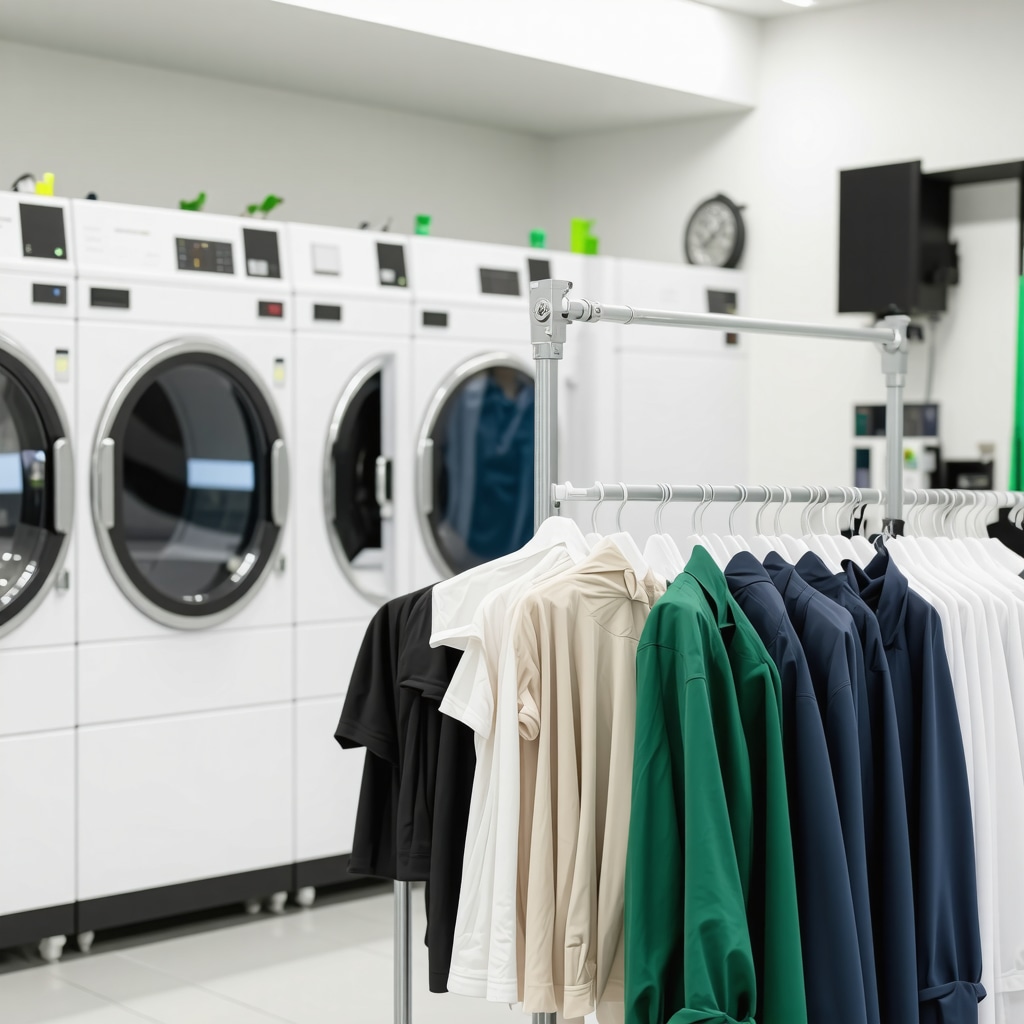 A contemporary dry cleaning shop using sustainable methods with delicate fabrics on display
