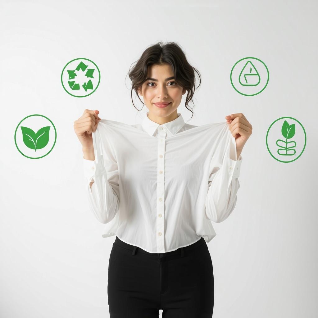 Person holding silk blouse with eco-friendly symbols