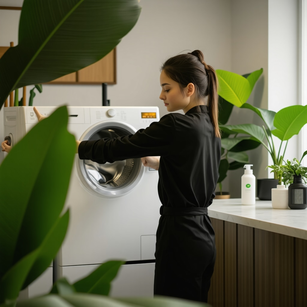Technician using eco-friendly dry cleaning machine in a modern sustainable dry cleaning shop.