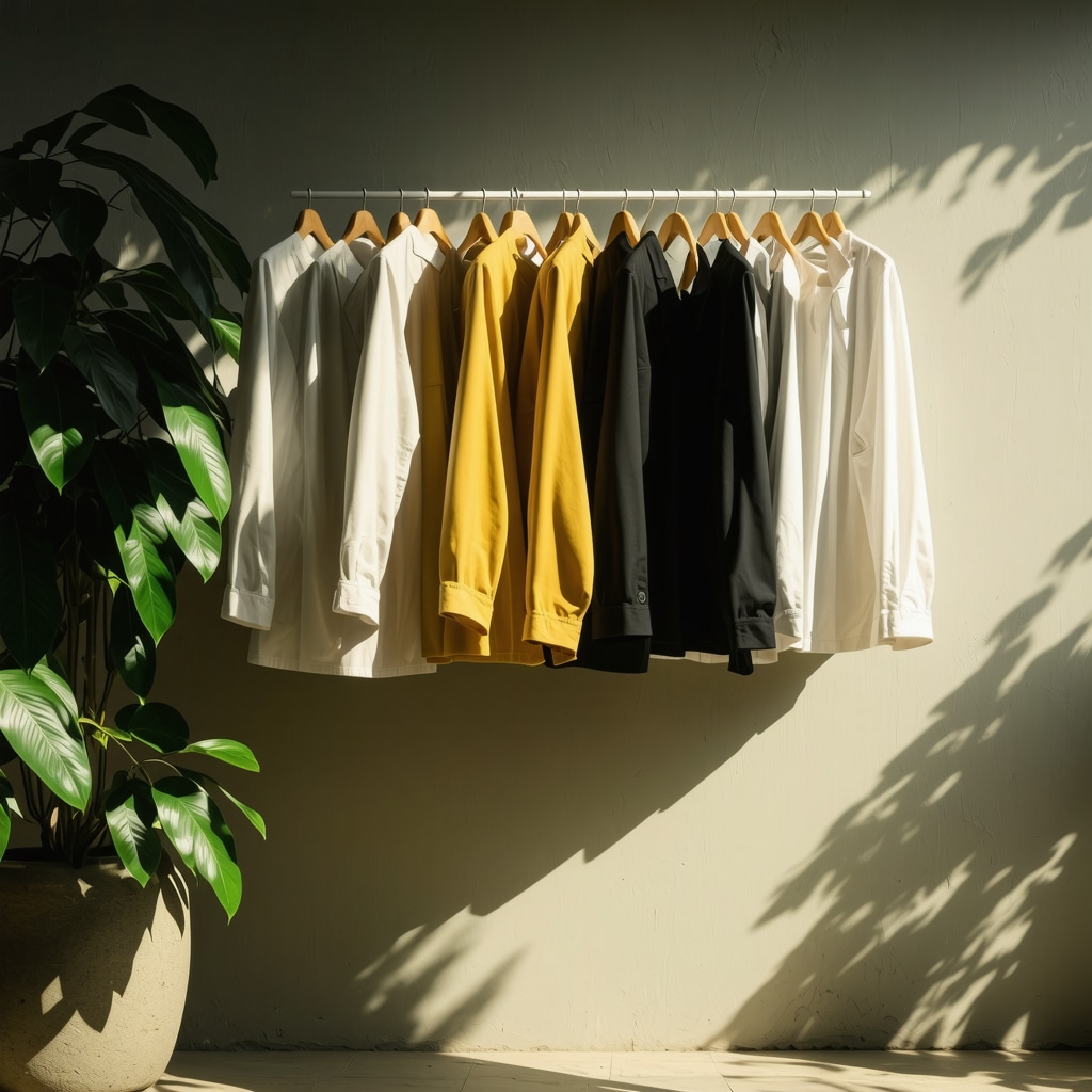 Fresh clothes hanging with natural plant-based cleaning solvents in background