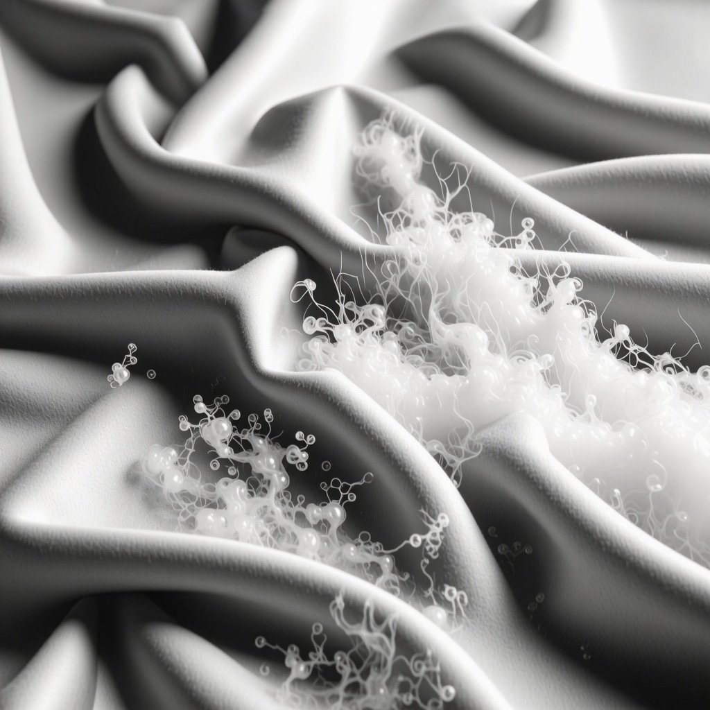 Close-up of silk and cashmere fabrics being cleaned with plant-based enzymatic solutions showing molecular interactions and eco-friendly icons