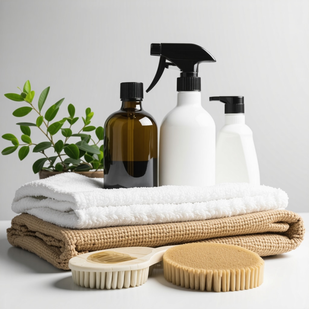 Eco-friendly garment care tools and plant-based cleaning agents on a natural fiber fabric background.