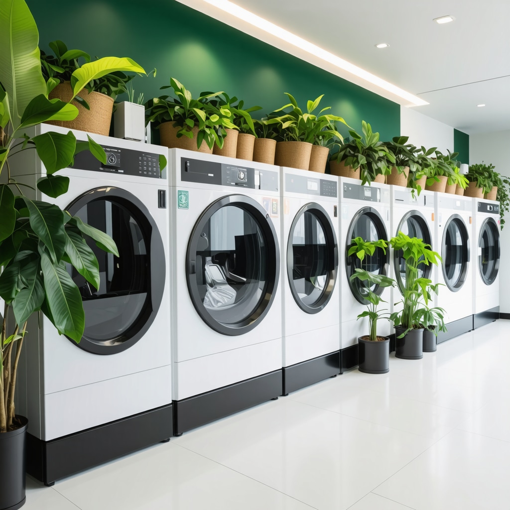 Interior of a sustainable dry cleaning shop with green cleaning agents and eco-friendly packaging.