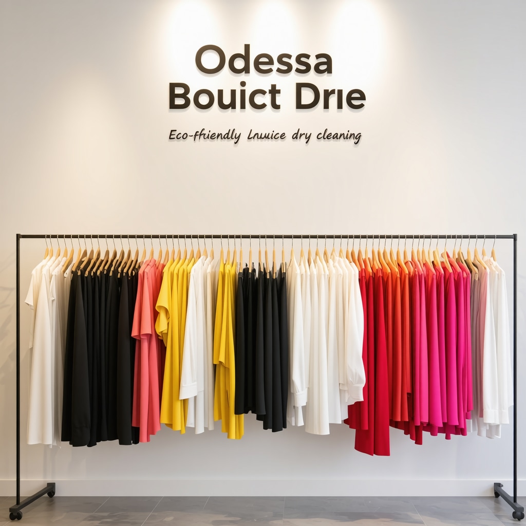 Odessa boutique displaying eco-friendly dry cleaning services with green solvents and luxury garments.