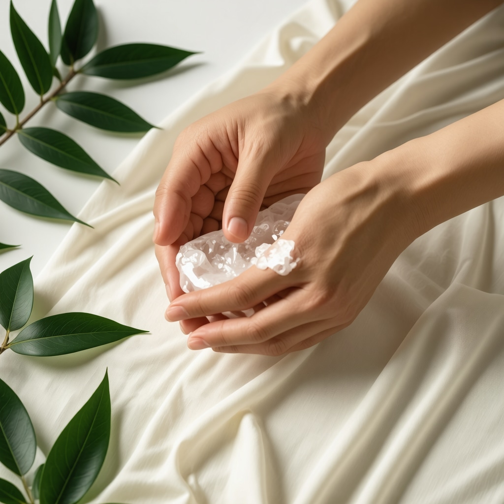 Hands gently cleaning silk fabric using plant-based eco-friendly solvents with natural green leaves background