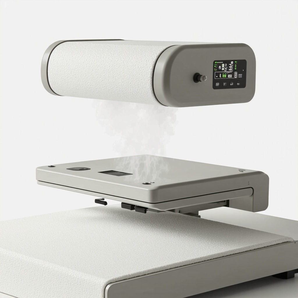Modern steam press with digital controls pressing natural fabrics, illustrating precision temperature for sustainability.