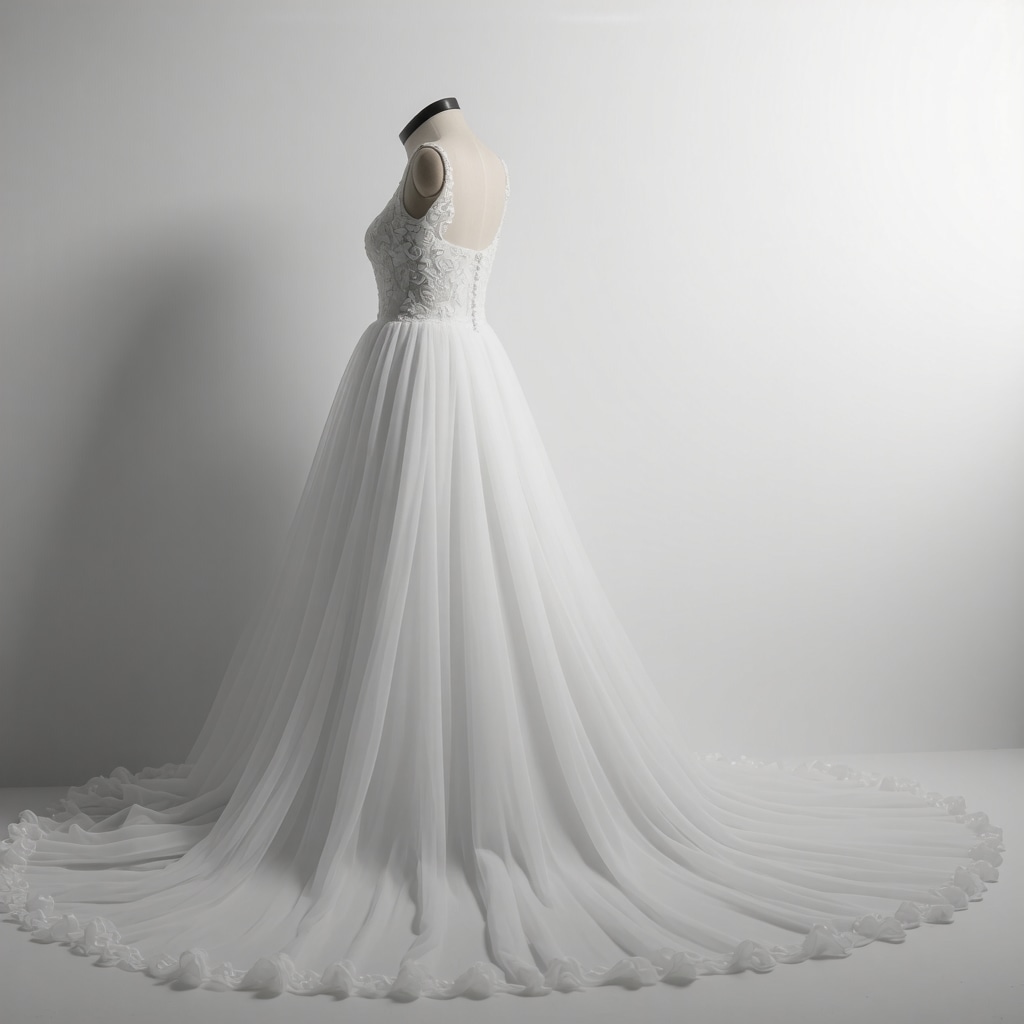 Luxury wedding dress undergoing eco-conscious ultrasonic cleaning process