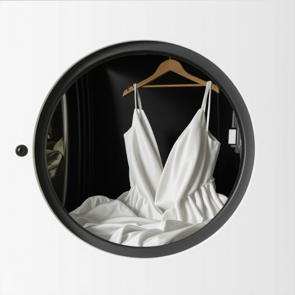 A high-tech ultrasonic device delicately cleaning a silk dress in a bright boutique setting.