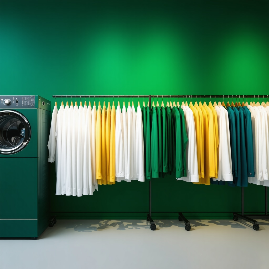 Interior of green dry cleaning facility with advanced closed-loop solvent recycling technology and delicate fabrics hung for cleaning