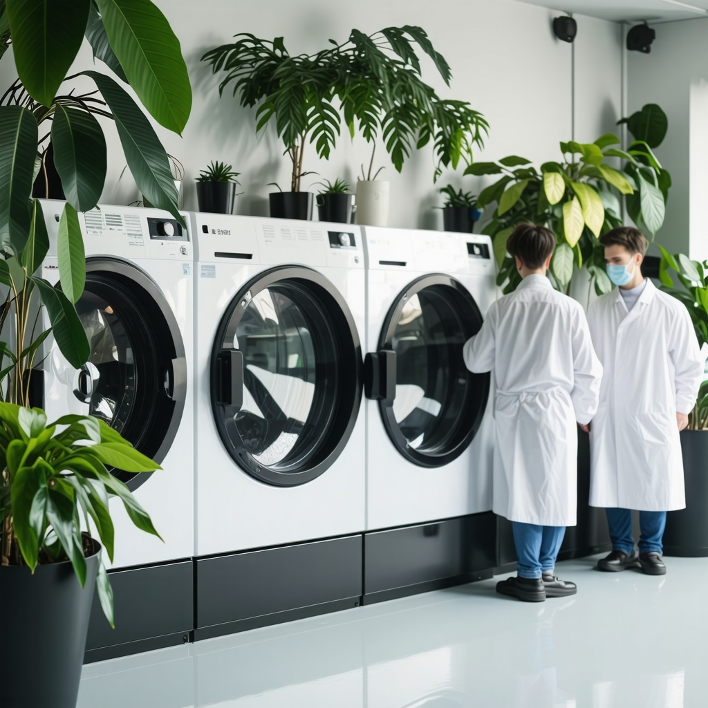 Illustration of eco-friendly dry cleaning with plant-based solvents and sustainable equipment