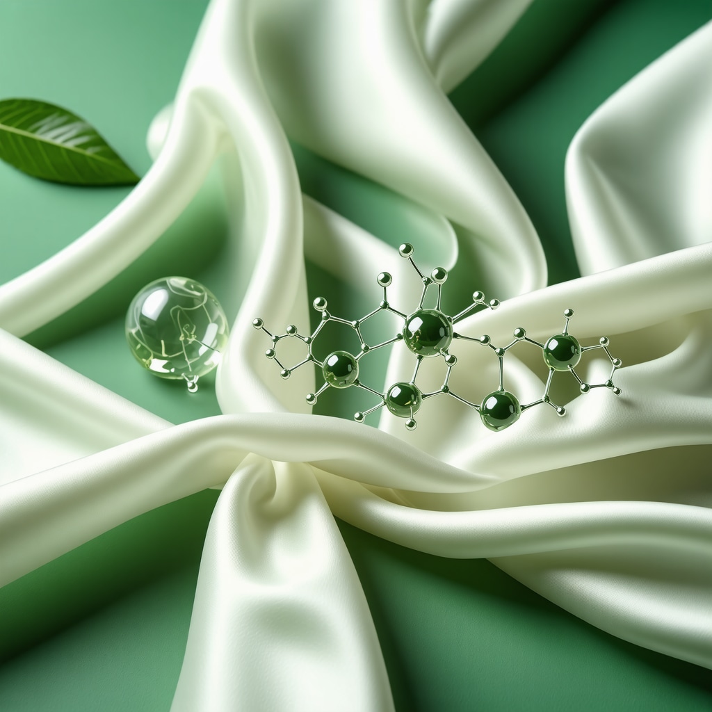 Close-up of silk fabric undergoing gentle enzymatic cleaning with eco-friendly symbols in the background