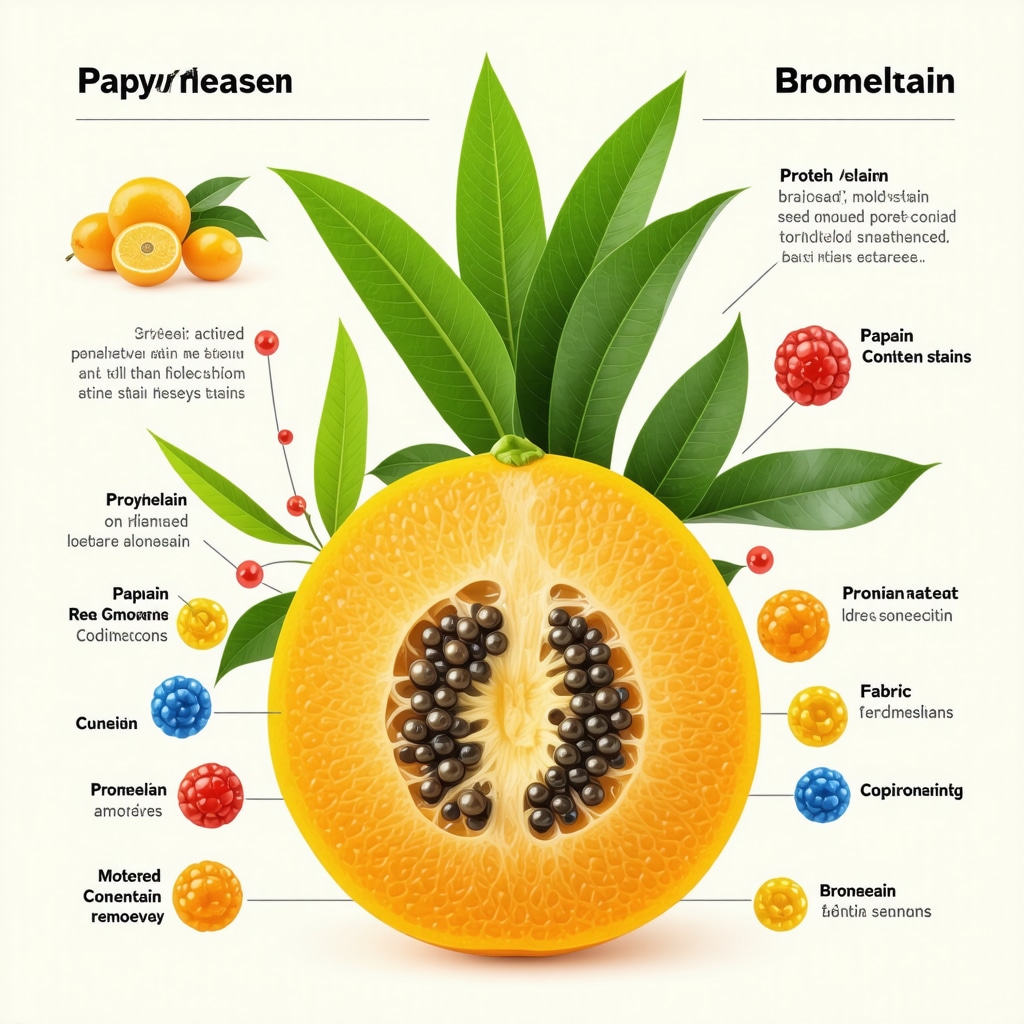 Infographic showing papain and bromelain enzymes breaking down protein stains on fabric with fabric preservation icons