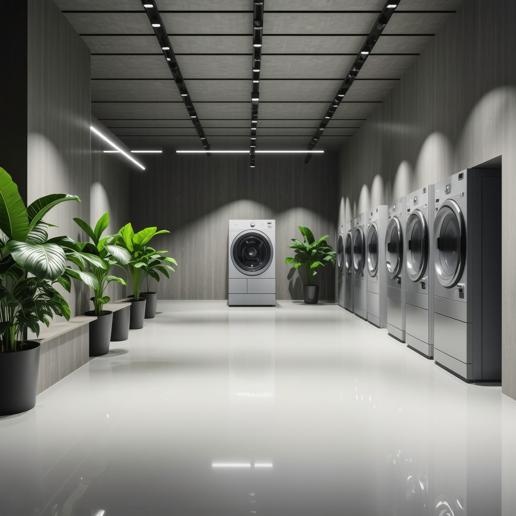 Eco-friendly dry cleaning technology with natural lighting and biodegradable solvents
