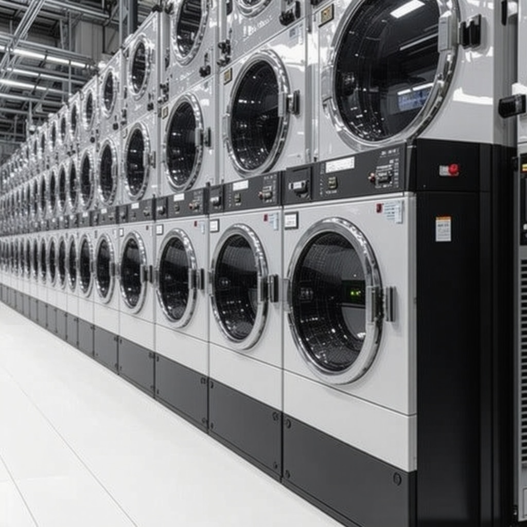 Modern eco dry cleaning plant using nanotechnology and liquid CO2 for fabric care.