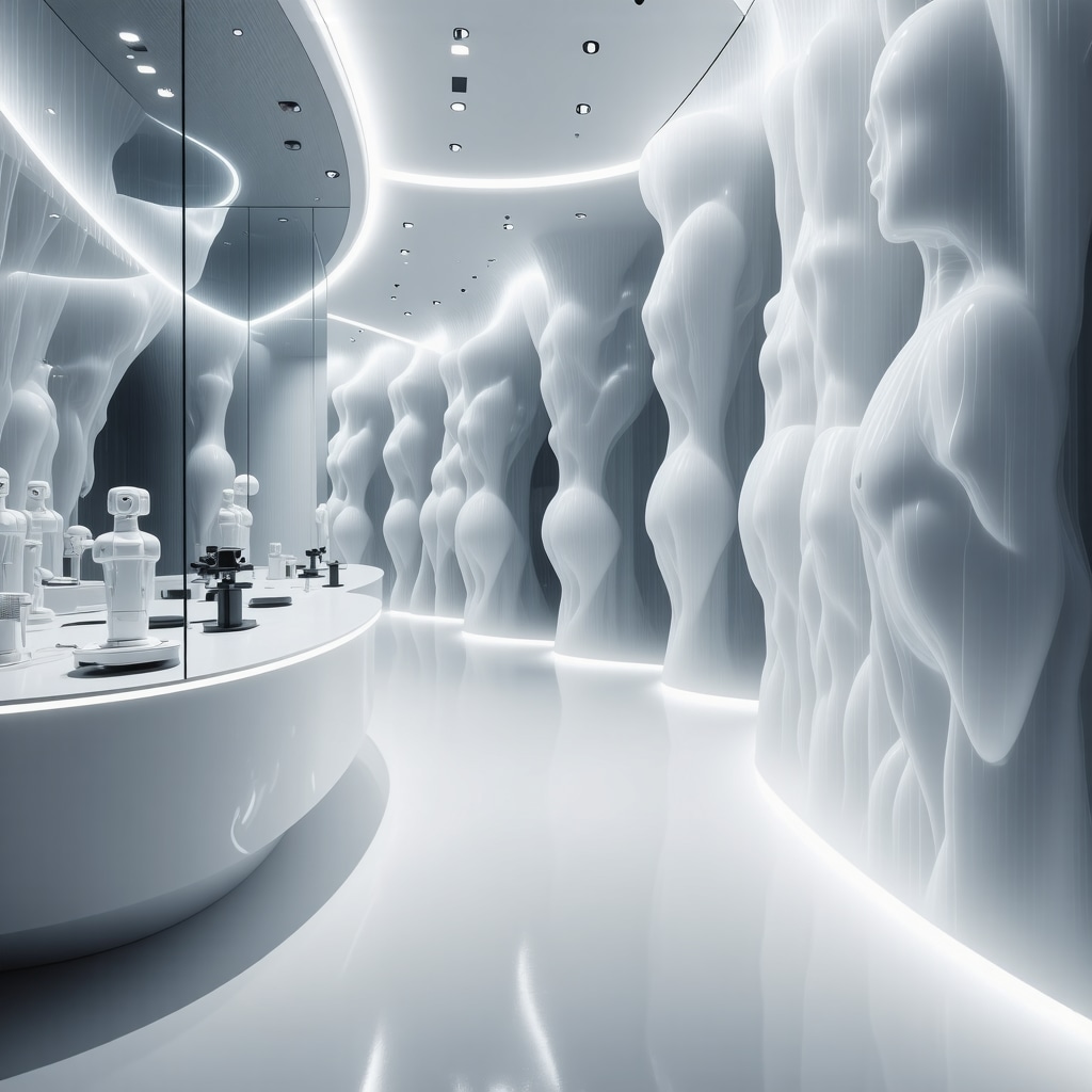 Advanced laboratory with nanotech, blockchain interface, and AI machinery for eco-friendly luxury garment care