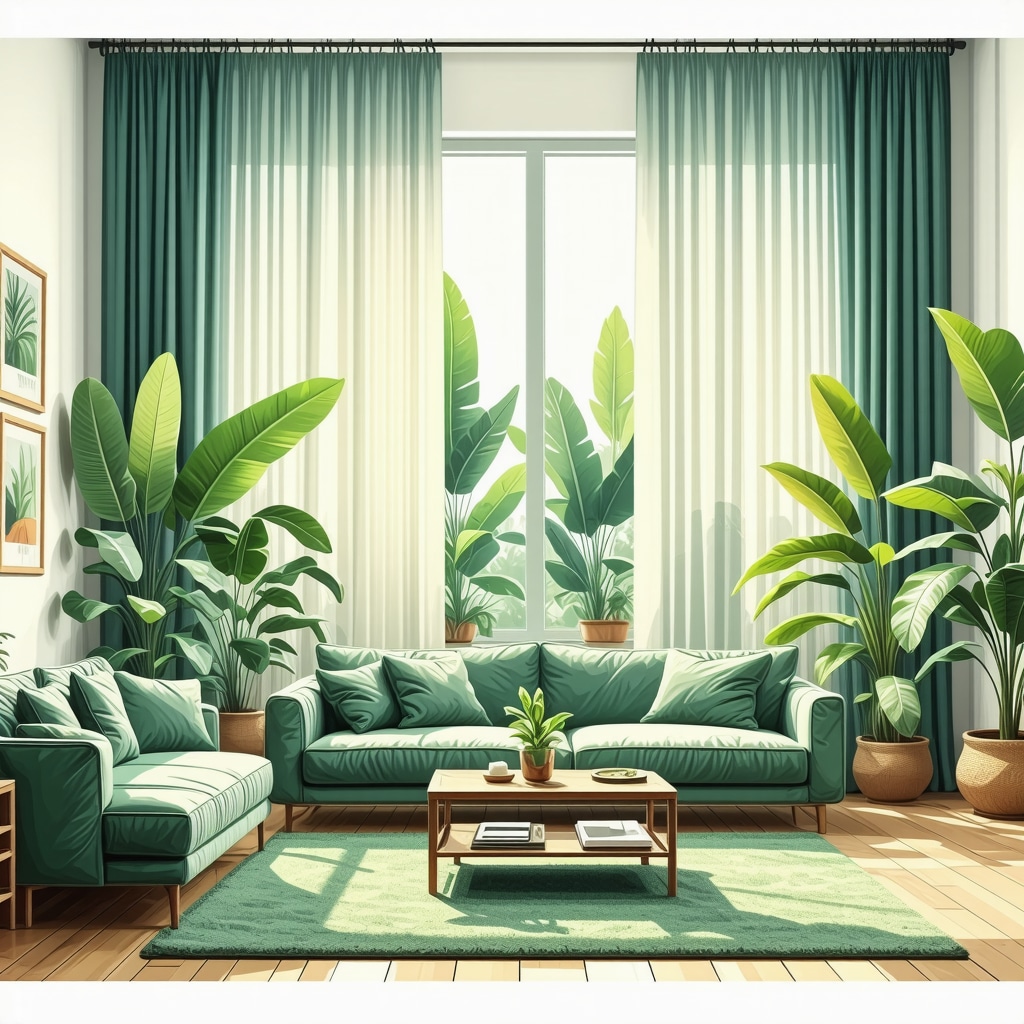 Illustration of cutting-edge eco-friendly curtain cleaning techniques with plant-based solvents and nanotechnology, Tampa home interior