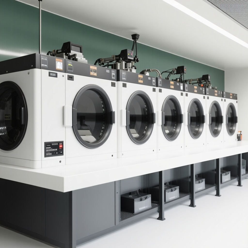 High-tech eco dry cleaning laboratory with ultrasonic cleaning tanks and green solvent systems.