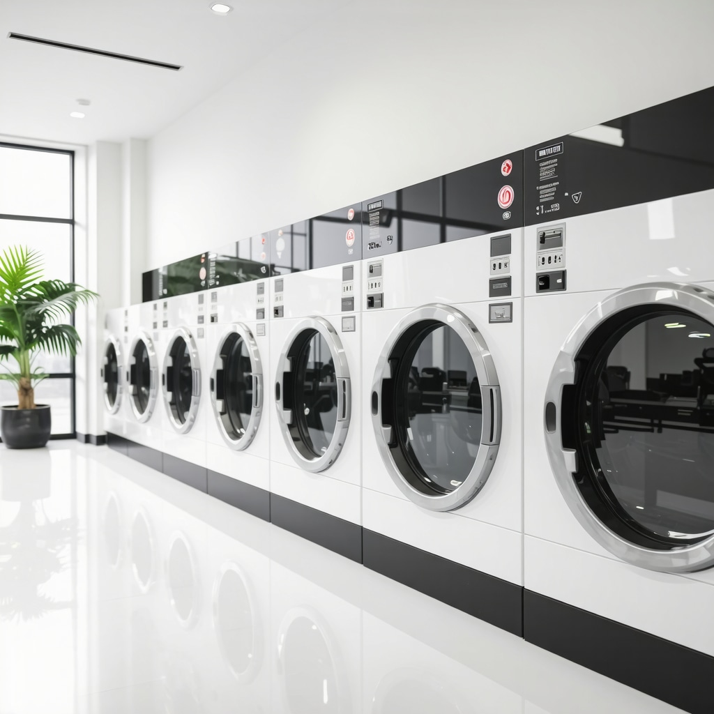 A state-of-the-art eco-friendly dry cleaning shop emphasizing sustainability and advanced technology.