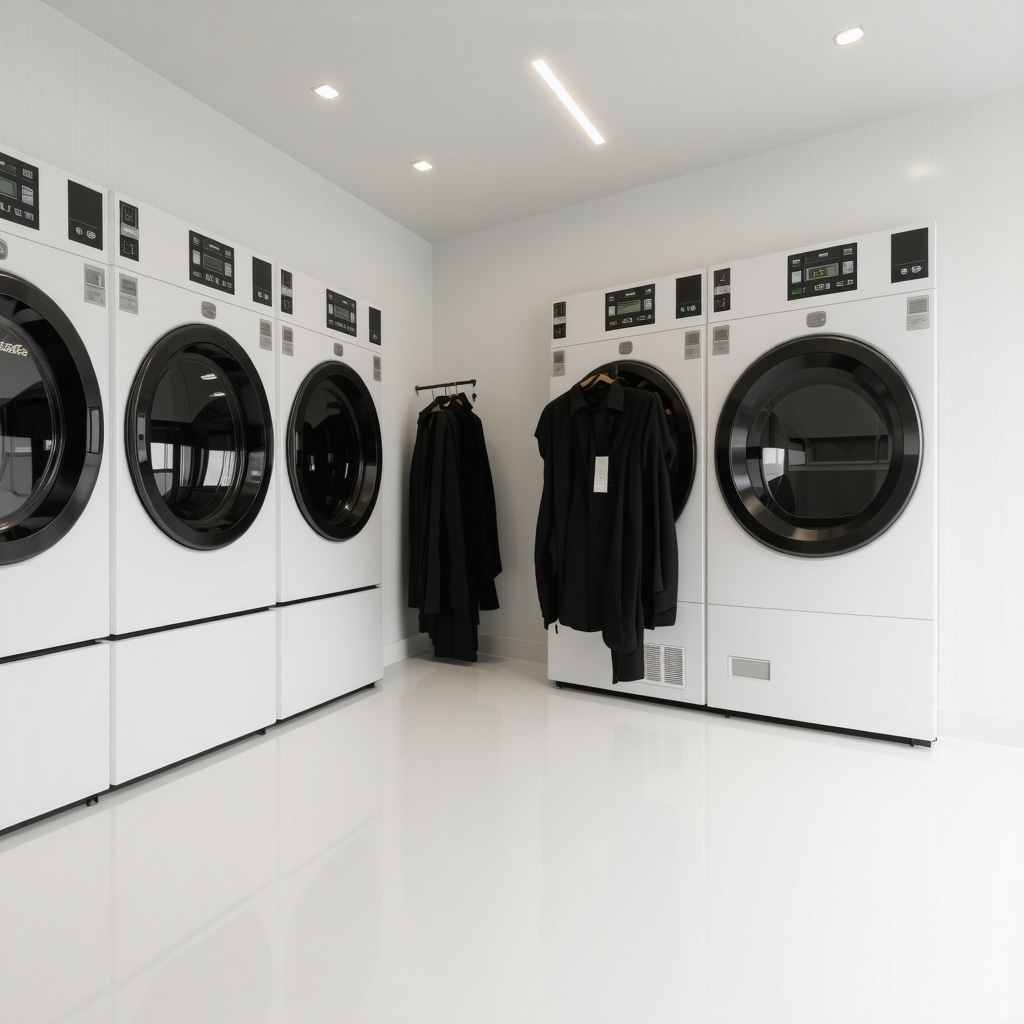 Modern eco-dry cleaning facility showcasing ultrasonic and plasma cleaning equipment with sustainable design.