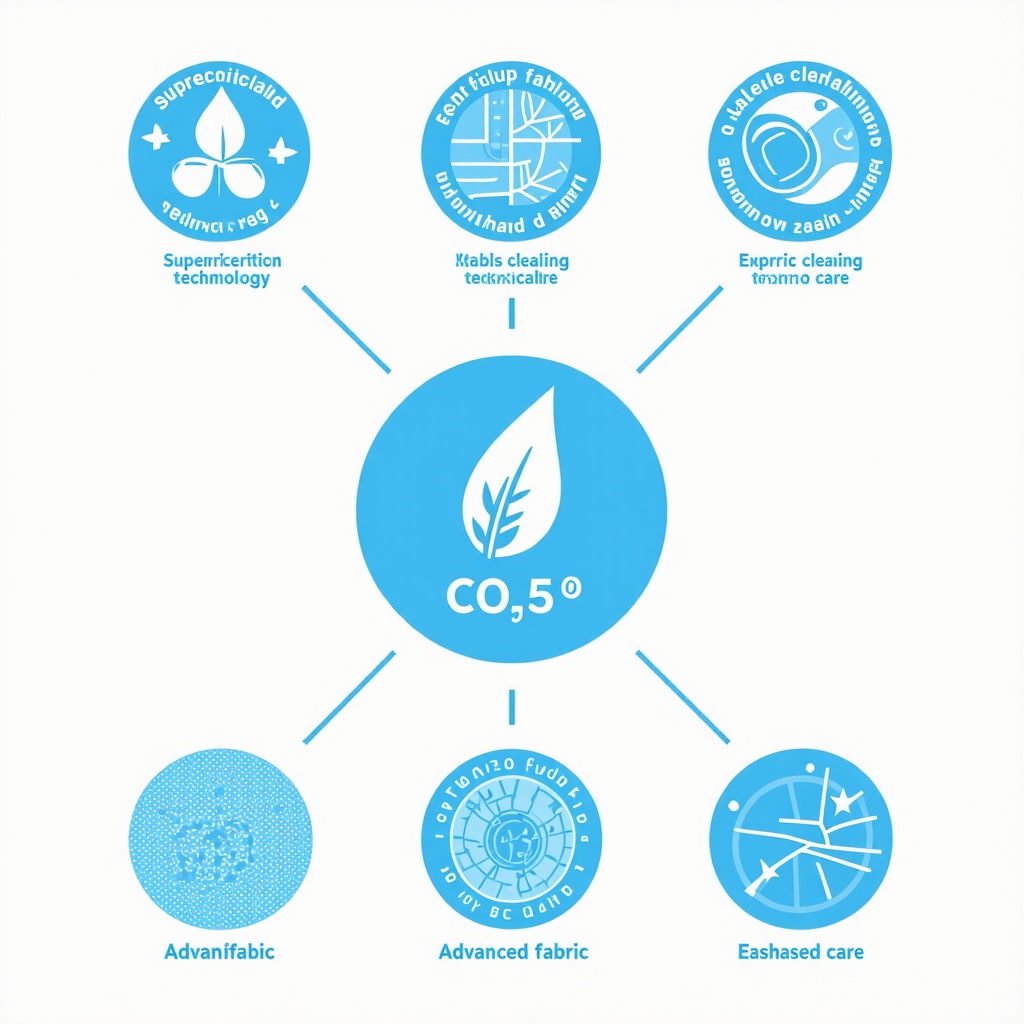 Diagram showing supercritical CO₂ cleaning process and eco-certification symbols