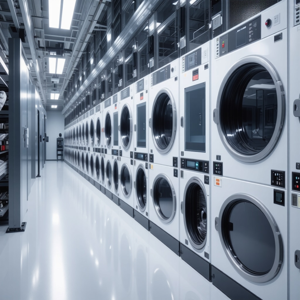 Modern laundry equipment with IoT sensors and AI displays optimizing organic uniform cleaning