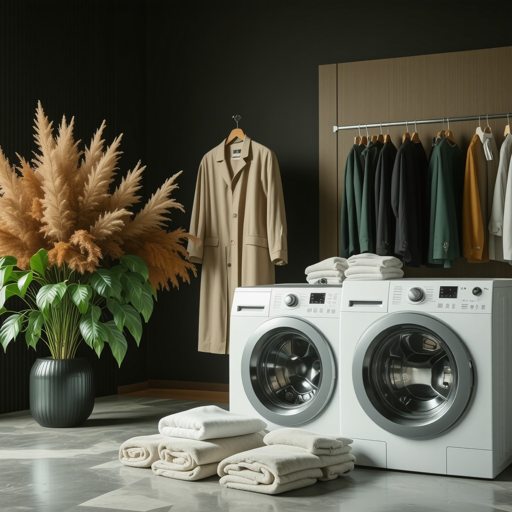 High-end silk and cashmere garments being cleaned with biodegradable solvents in a modern eco-friendly dry cleaning facility