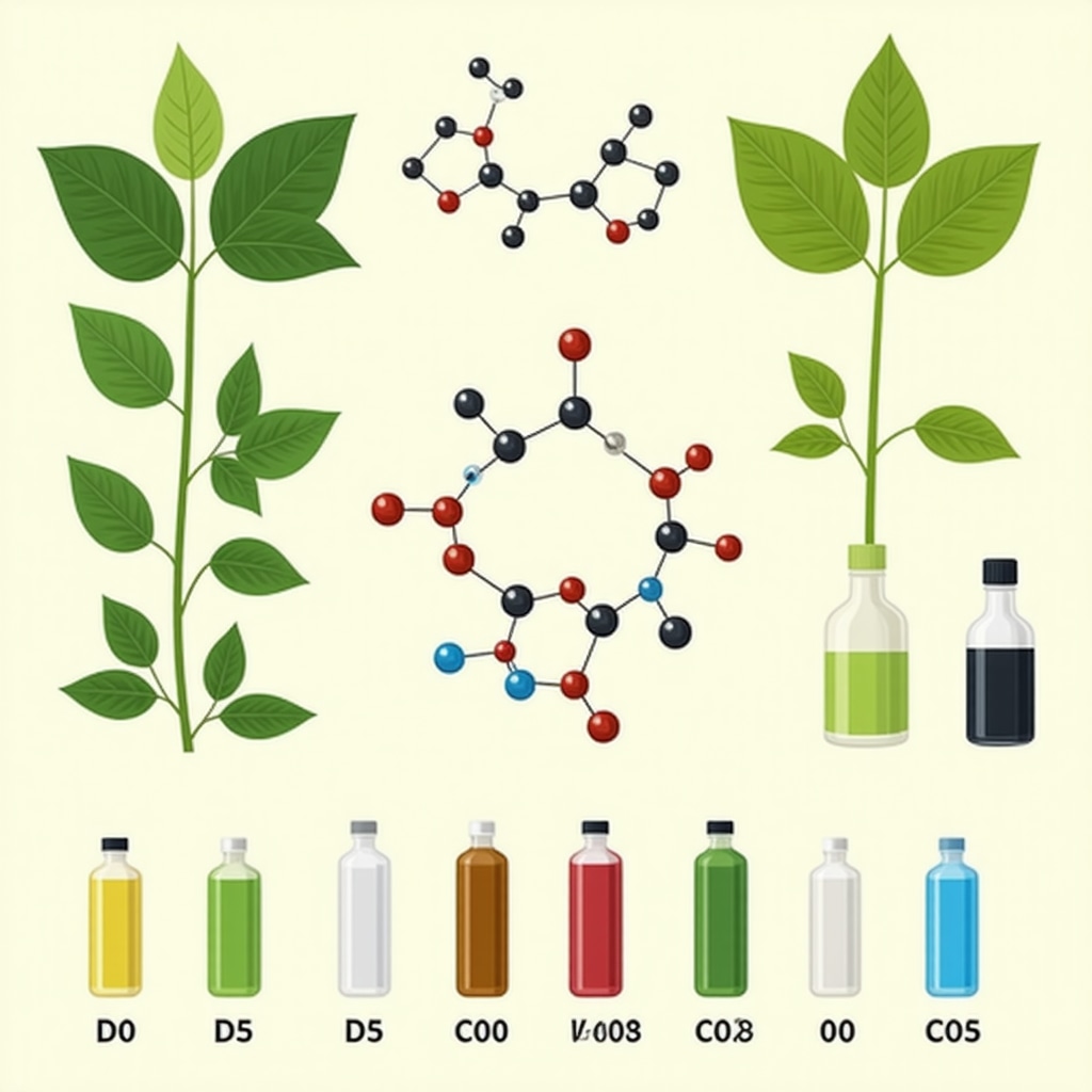 Illustration of plant-based solvents molecular structures and eco-friendly luxury dry cleaning process
