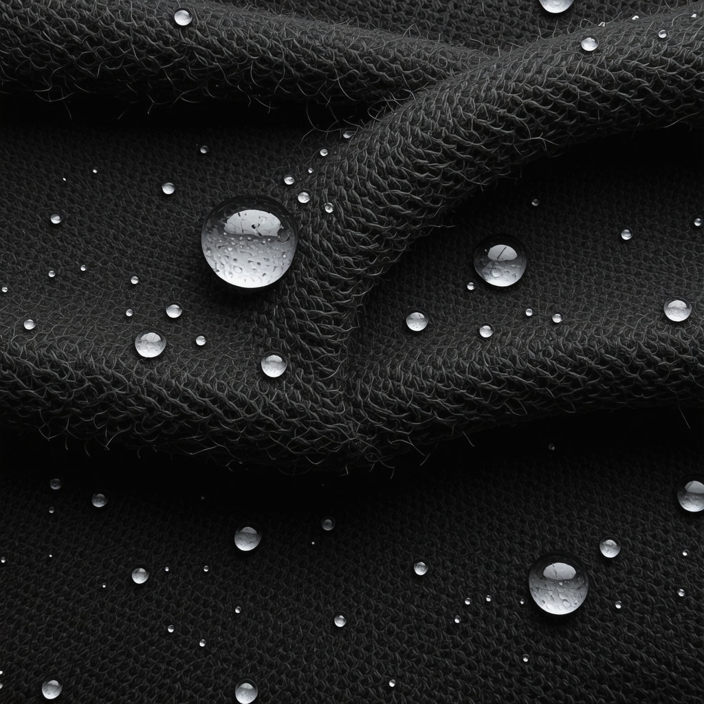 Close-up of nanocoated wool fabric demonstrating water resistance and softness