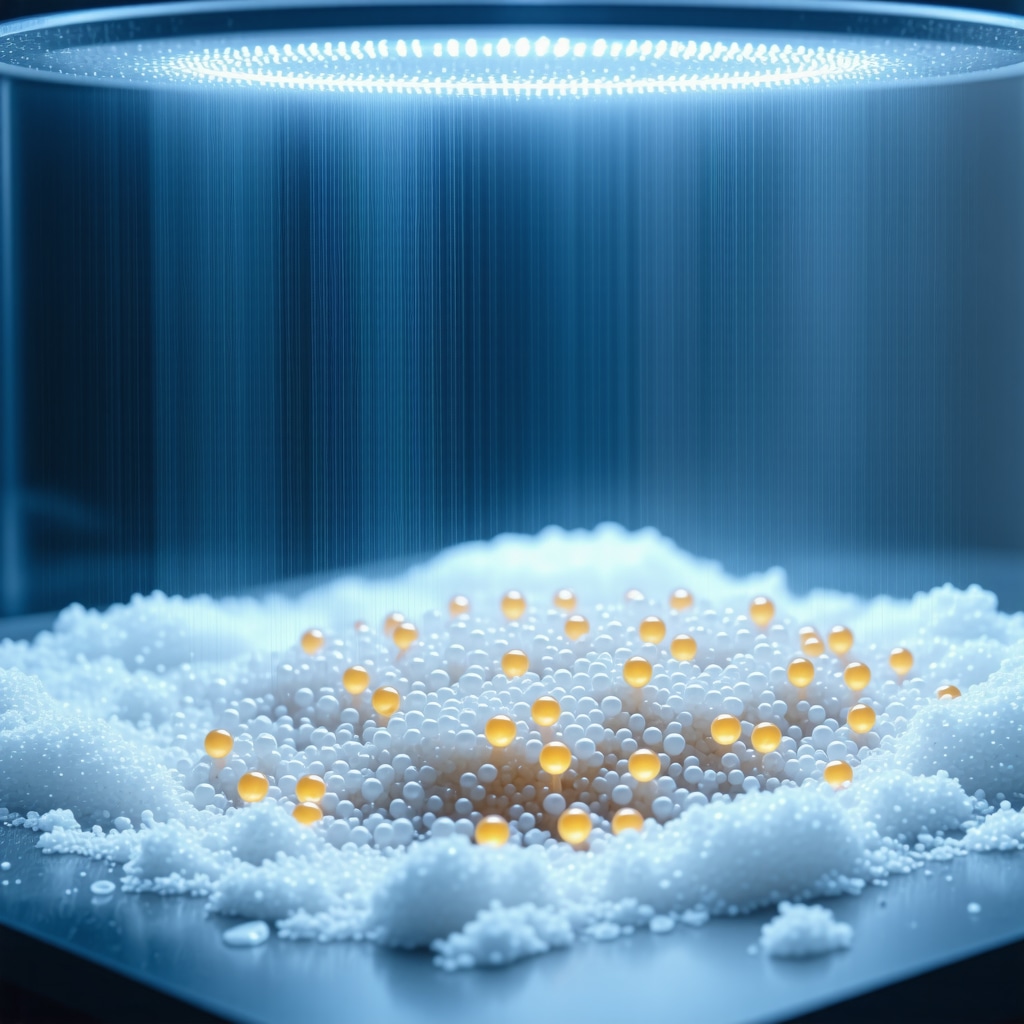 Illustration of nanoparticles cleaning fabric fibers in eco-friendly dry cleaning process