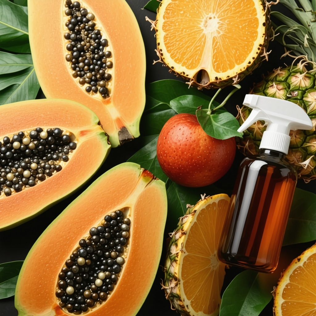 Papaya and pineapple next to plant-based stain removal products with green leaves