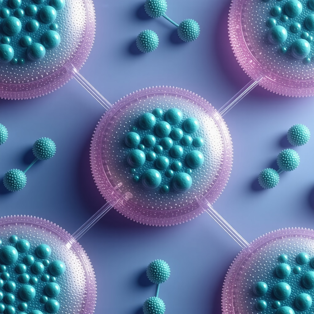 Microscopic view of engineered enzymes attached to nanocarriers, representing innovative immobilization technology in eco-friendly stain removal.