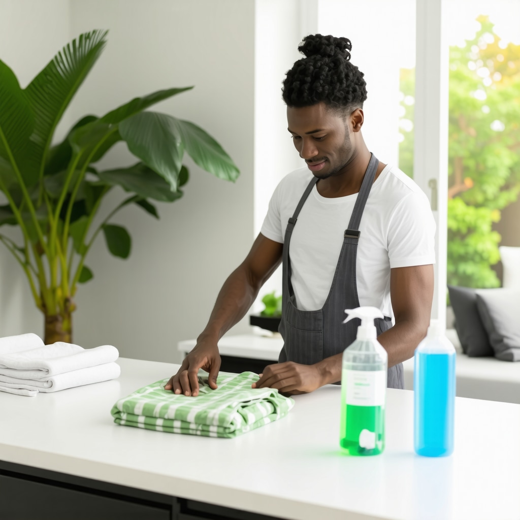 Parent sorting children's clothes for eco-friendly dry cleaning in a bright home setting with plants and eco-certified products