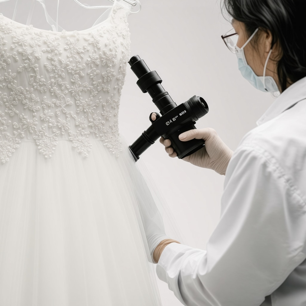 Scientist analyzing wedding dress fabric with FTIR spectroscopy in sustainable dry cleaning facility