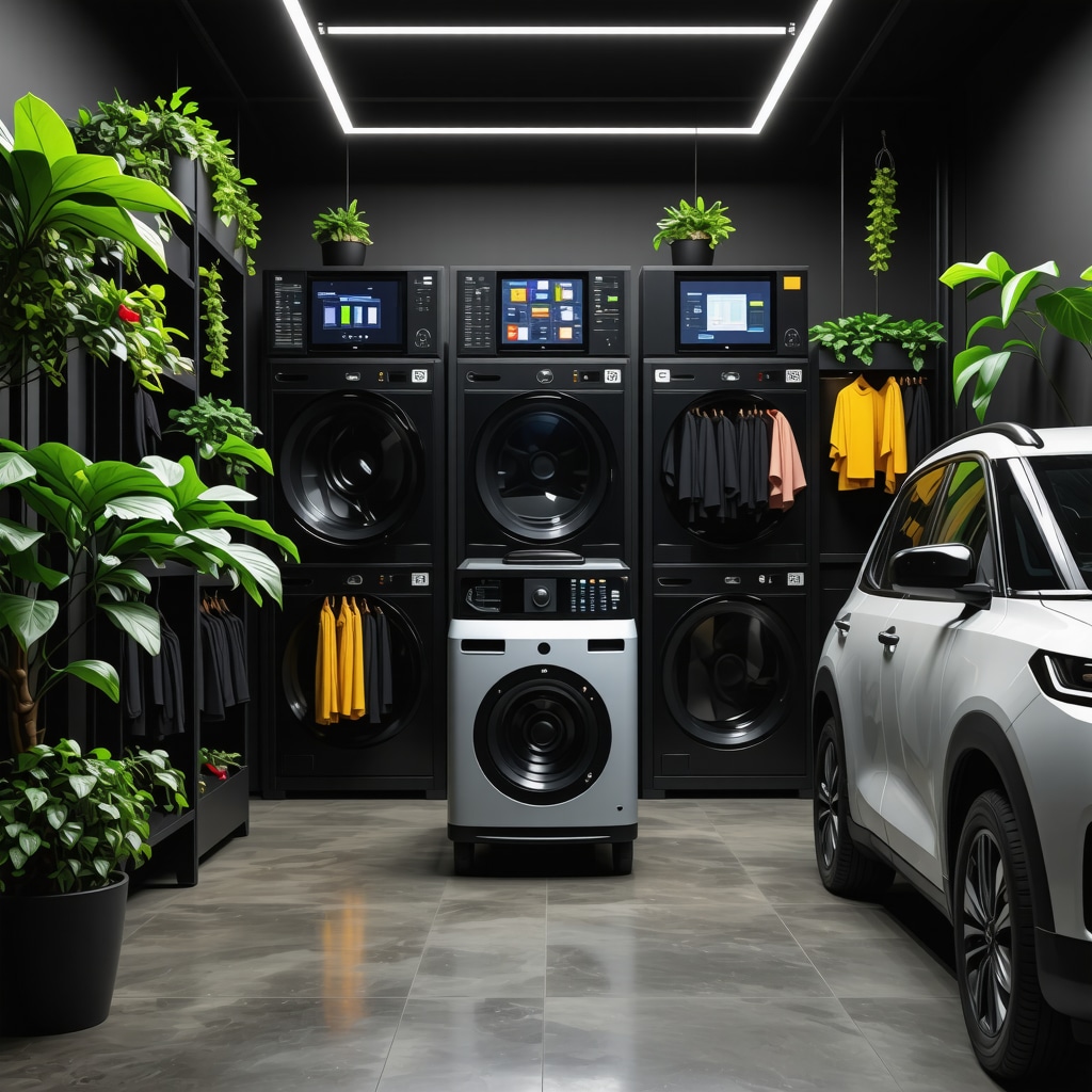 Illustration of an eco dry cleaning center integrating AI, blockchain, IoT technologies, and green logistics