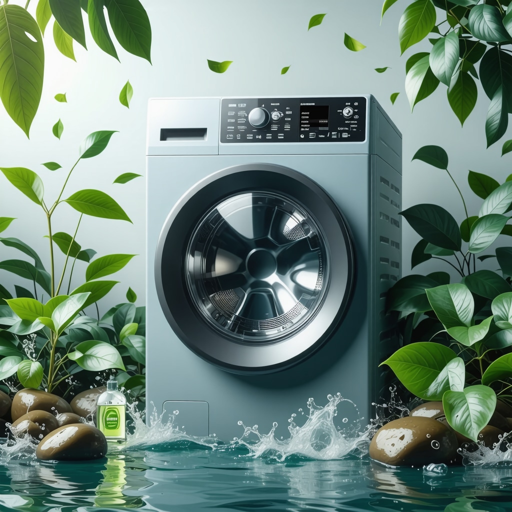 Smart washing machine with eco-friendly symbols and green leaves representing sustainable laundry technology