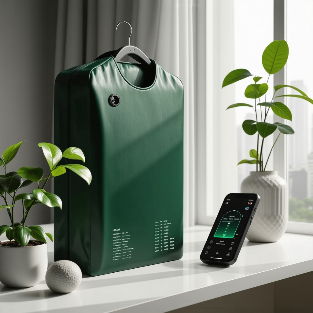 Smart green garment bag featuring IoT sensor data and biodegradable nanocoatings in sustainable textile lab