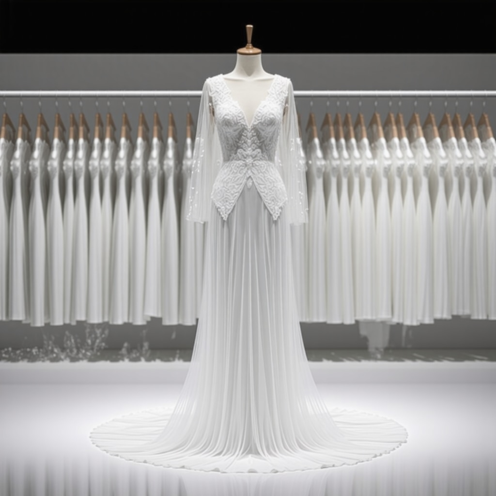 Wedding dress with smart textile features displayed next to eco-friendly dry cleaning tools and botanical stain removers in a bridal atelier