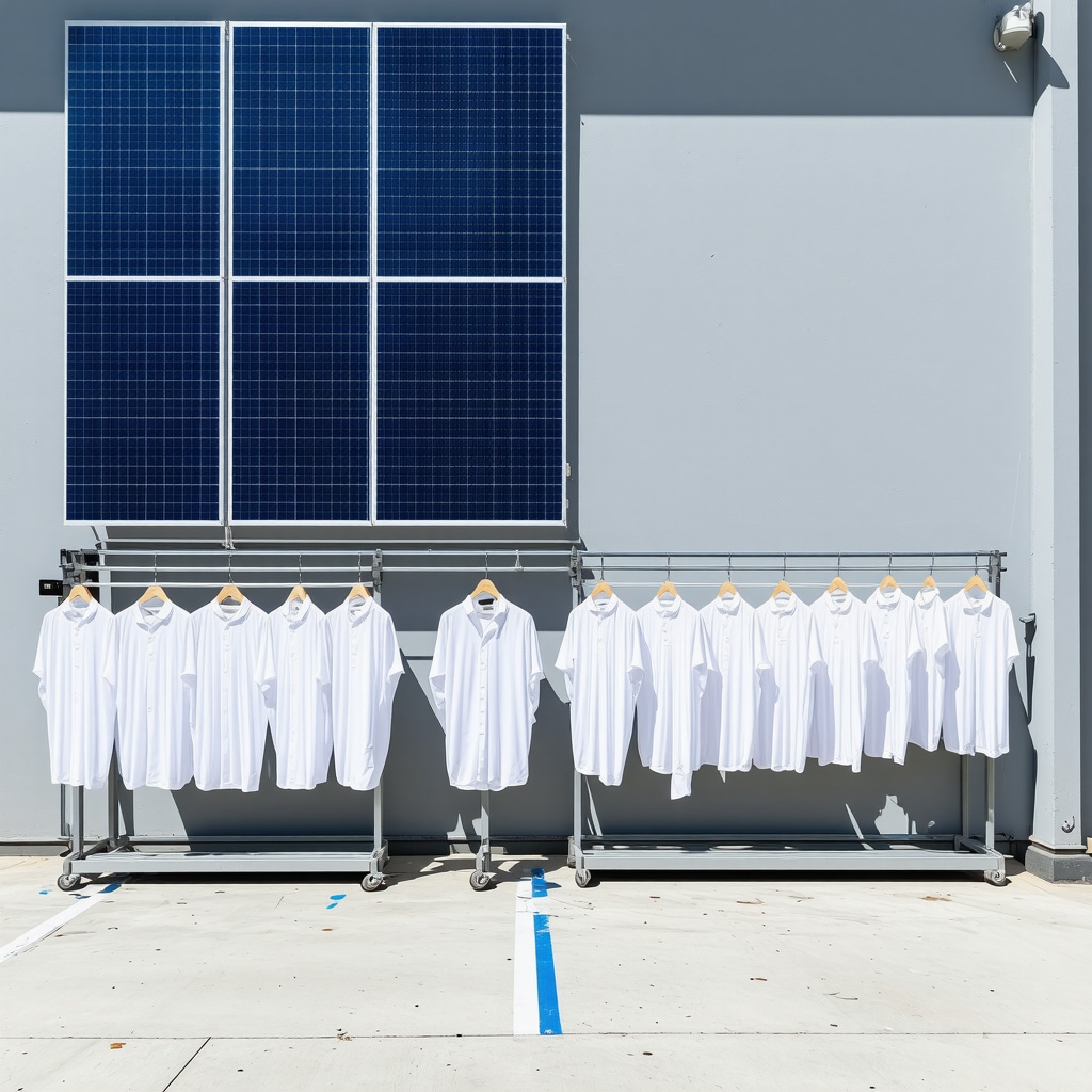 Eco-friendly dry cleaning shop showcasing solar panels and green practices