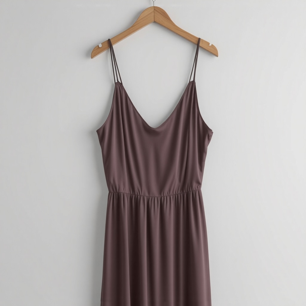 Silk dress hanging in eco-friendly wardrobe with natural lighting