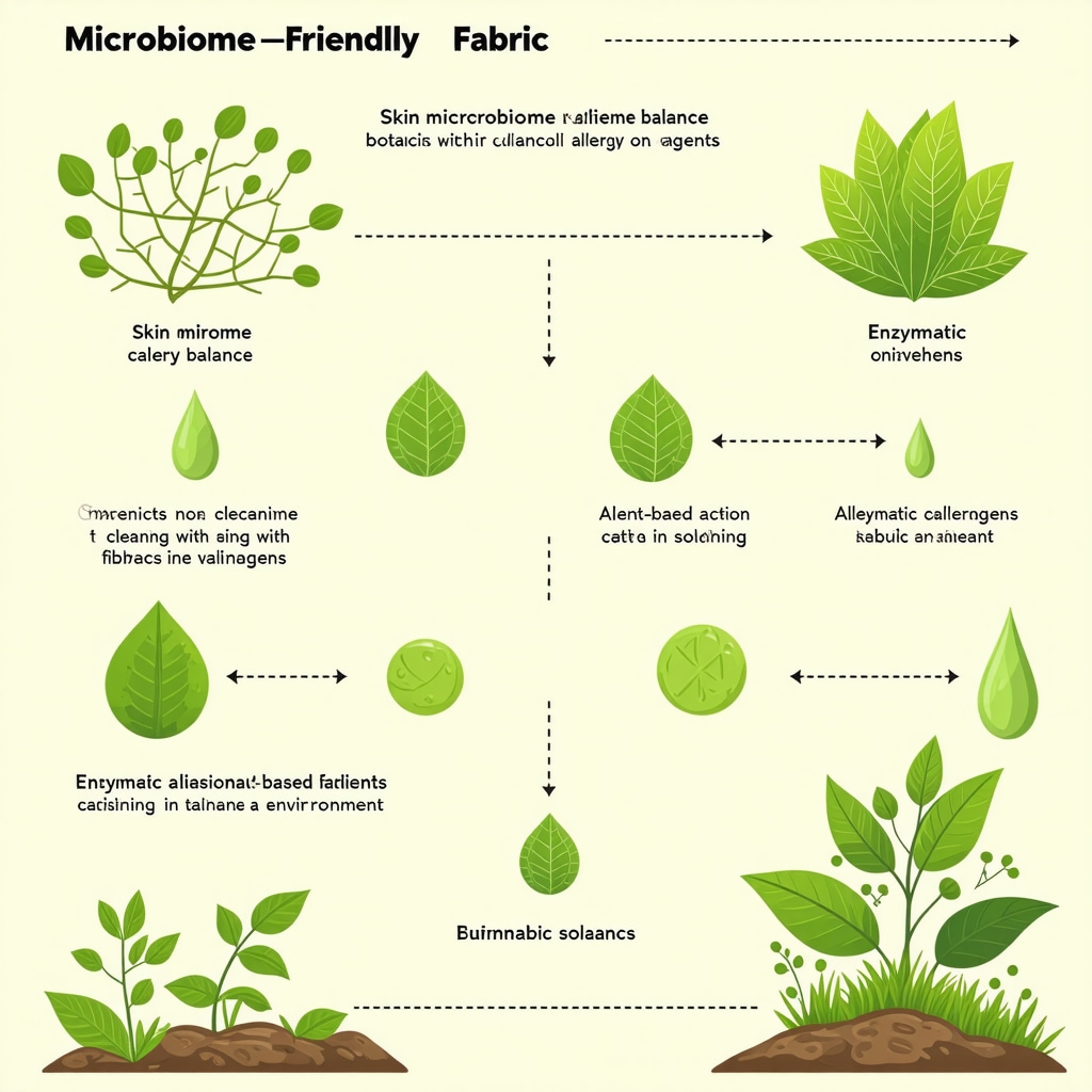 Infographic illustrating microbiome balance, enzymatic allergen cleaning, and plant-based solvents in sustainable fabric care