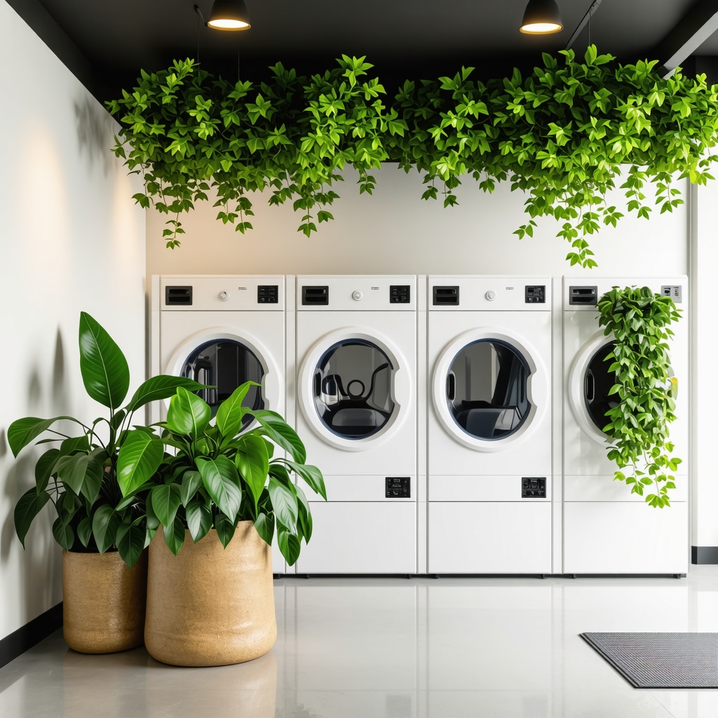 Interior of an eco dry cleaning facility equipped with AI fabric diagnostics and enzymatic cleaning technology surrounded by green eco-friendly decor