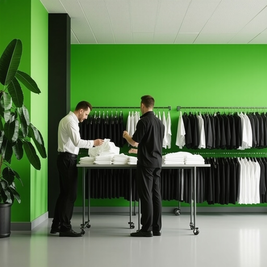 Modern Tampa eco dry cleaning facility with plant-based solvent tanks and biodegradable packaging