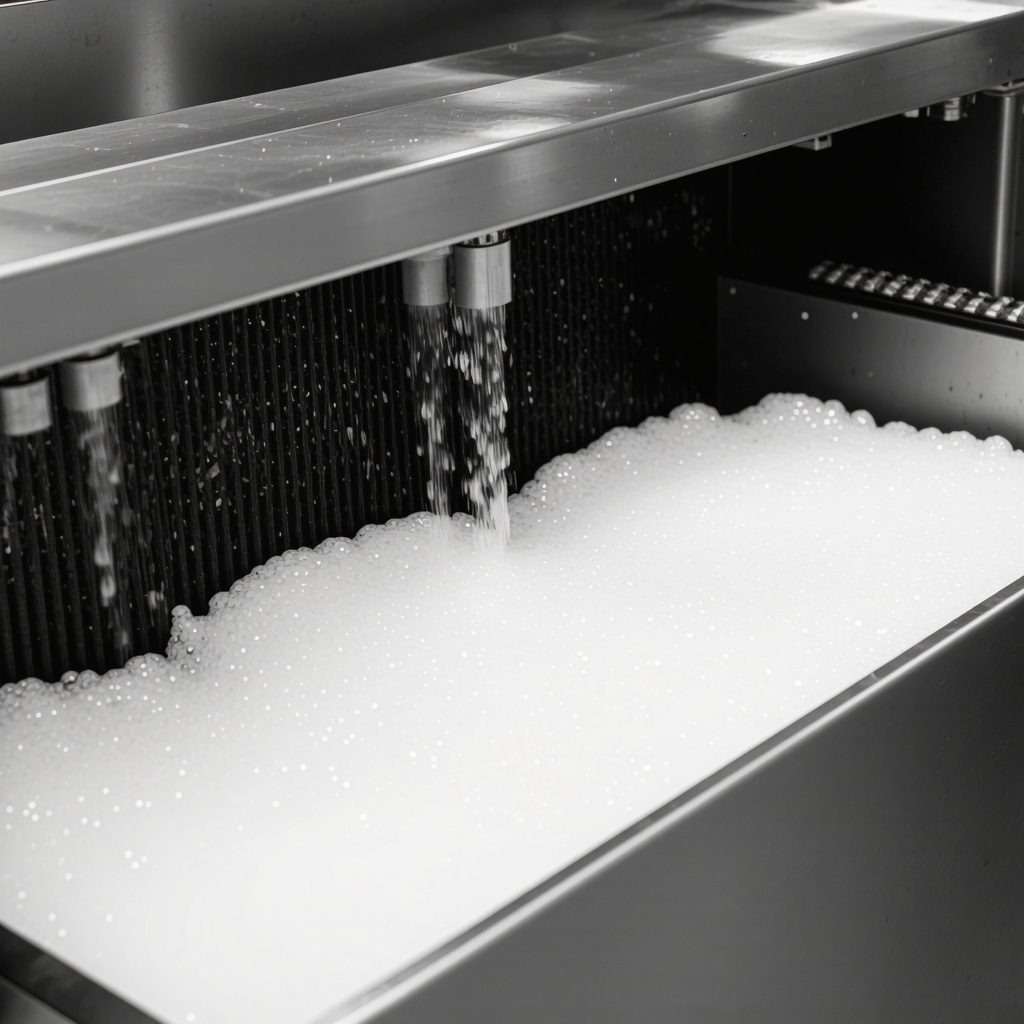 Ultrasonic cleaning machine with biodegradable solvents used in sustainable dry cleaning process.