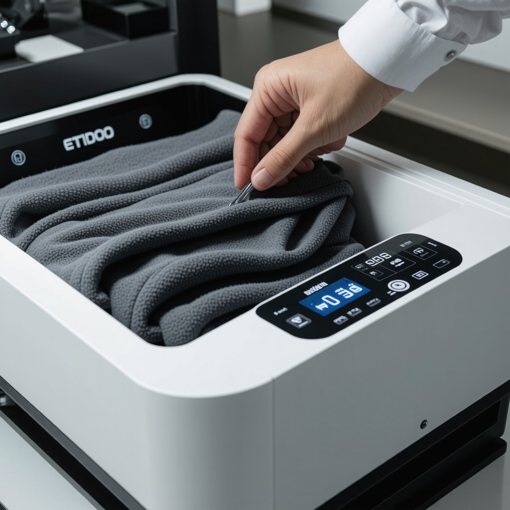 Advanced ultrasonic cleaning device gently cleaning wool and cashmere garments in a professional eco-friendly setting