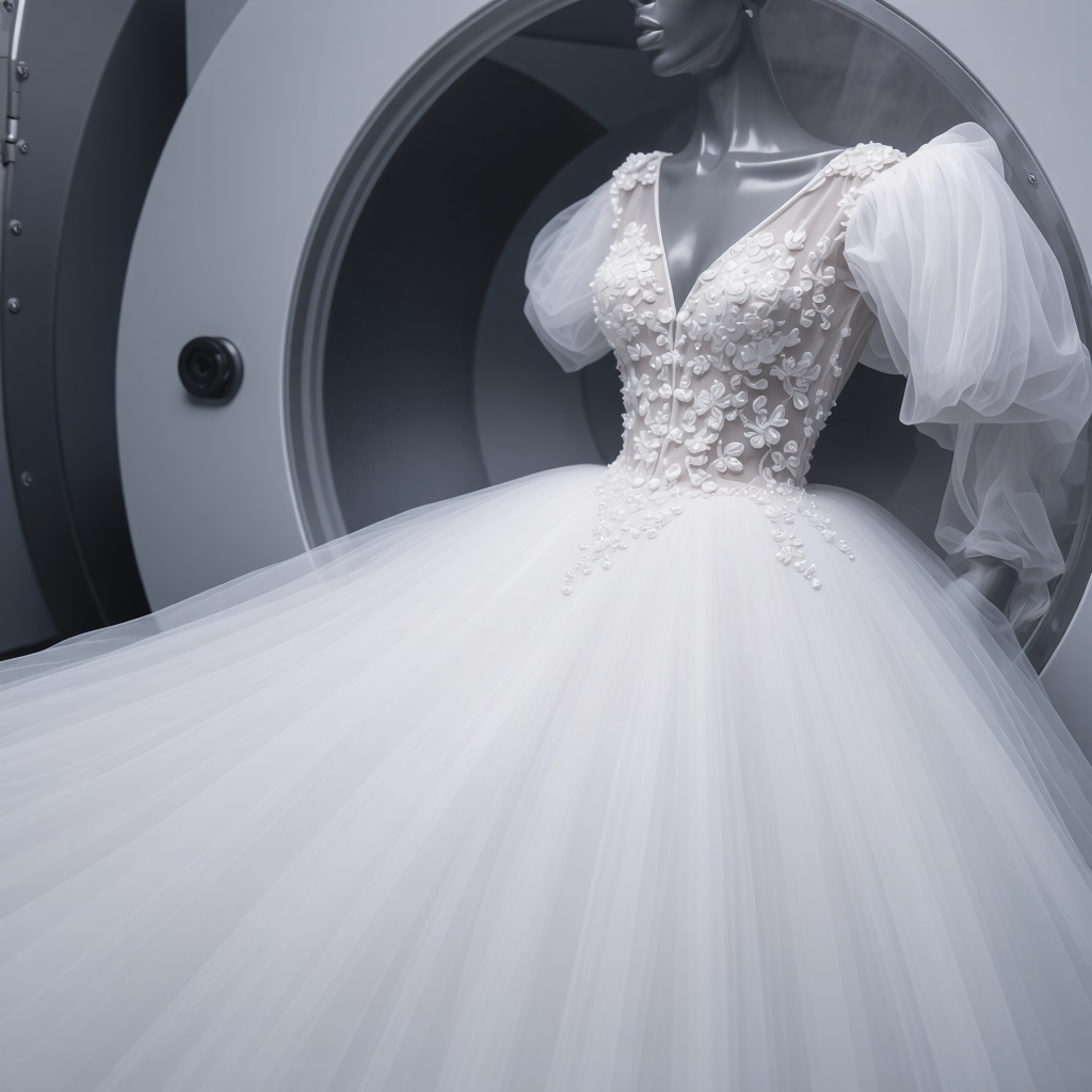 A modern ultrasonic cleaning device gently cleaning a high-end silk gown in a sustainable dry cleaning facility.